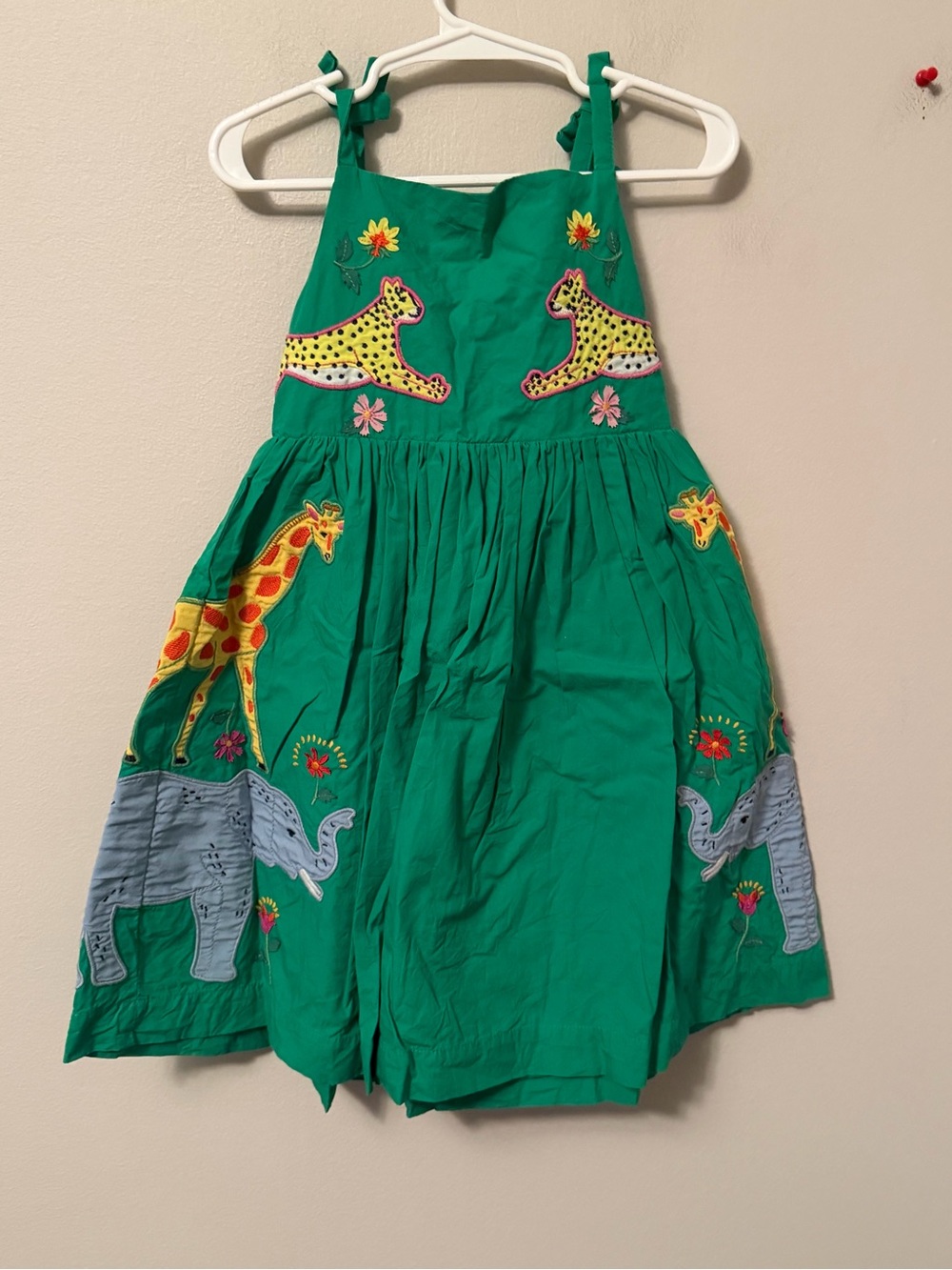 Mini Boden Green Animal Appliqué Kids Dress